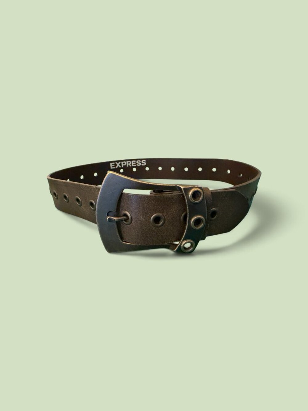 1990's Y2K Express Dark Brown Leather Belt w/Brass Grommet Buckle Sz S
